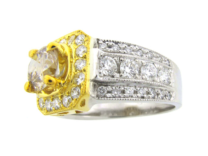 14KT TWO-TONE GOLD,  RD 1.17CTW, CTR CHAMPAGNE 1.03CT