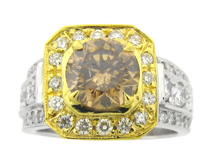 14KT TWO-TONE GOLD, RD 1.17CTW, CTR - CHAMPAGNE 1.34CT