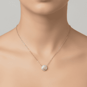 round halo diamond pendant on fine chain